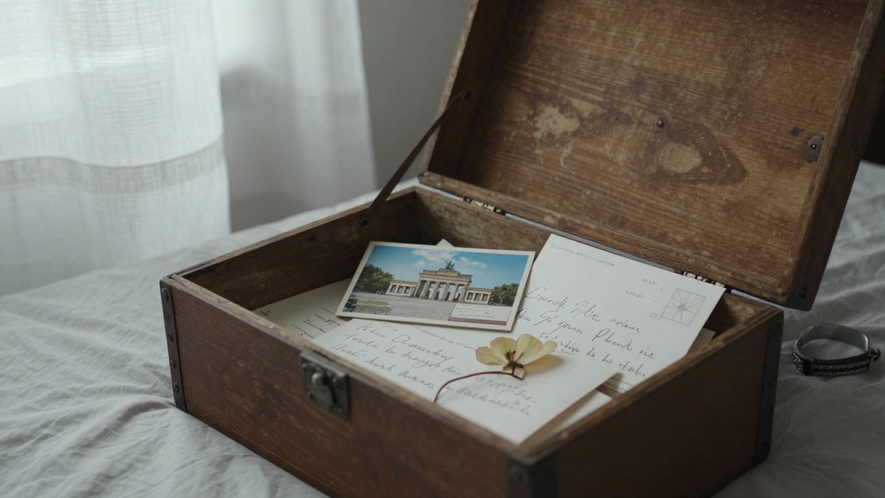 A wooden box holds personal mementos — letters, a postcard, and a dog collar — on a simple bed.