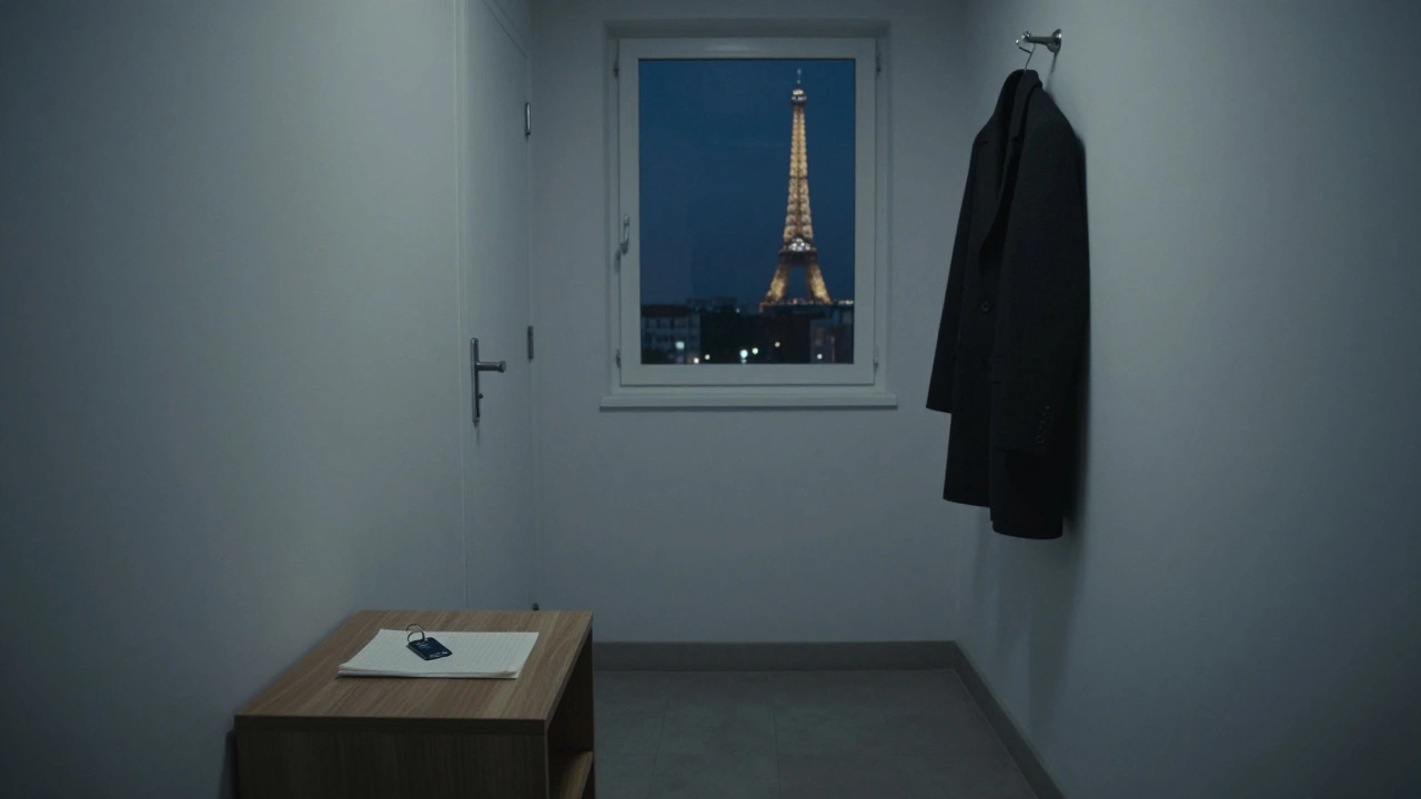 An empty hotel room at night, keycard on nightstand, Eiffel Tower glowing softly in the distance.