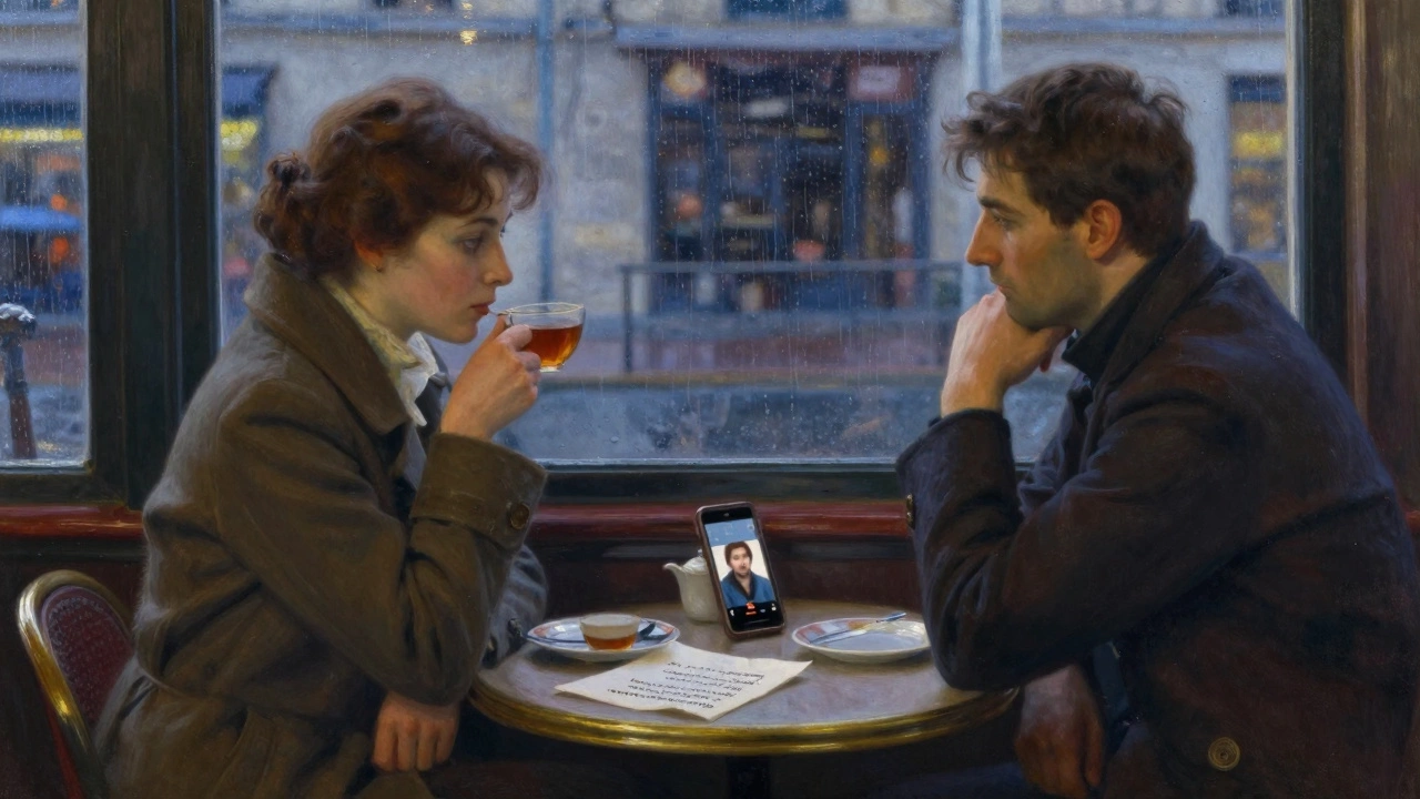 Two people share a silent moment in a rainy Montmartre café, a poem on a napkin between them.
