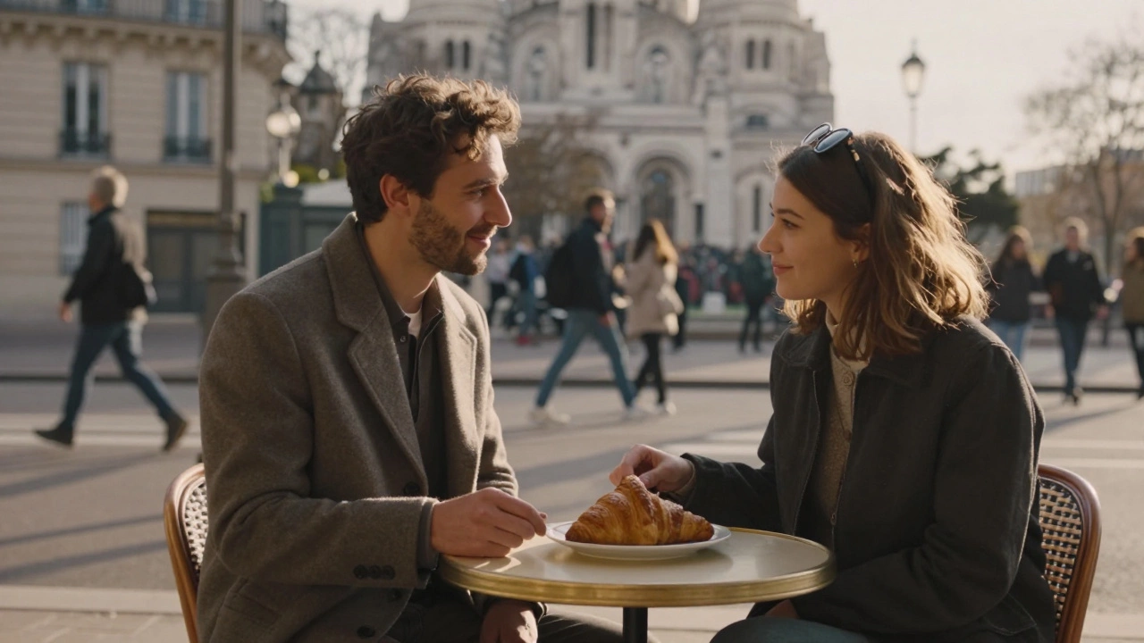 Two people share croissants at a Paris café, engaged in quiet conversation during golden hour.